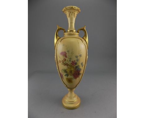 Royal Worcester Hand Painted Blush Ivory Twin Handle Pedestal Vase, Decorated with Images of Spring Flowers within Gold Panel