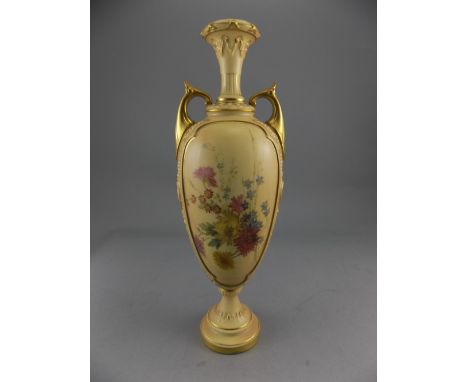 Royal Worcester Hand Painted Blush Ivory Twin Handle Pedestal Vase, Decorated with Images of Spring Flowers within Gold Panel