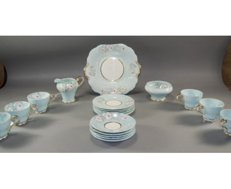 Aynsley 21 Piece China Tea Service. Pattern Num C1817. Aqua with Pink and White Roses. Comprises 6 Trios, Milk Jug and Sugar 