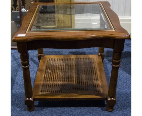 Modern Coffee/Side Table Glass Top, Turned Supports With Rattan Shelf Base, Together With A Mahogany Effect Arch Shaped Wall 