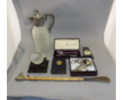 Mixed Lot Containing A Silver Plated Spoon And Fork, A Shoe Horn, Vintage money box post office savings bank, Silver Plated C