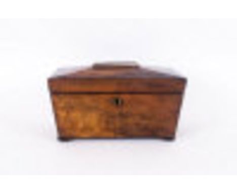 Mid 19th Century Walnut Lidded Sarcophagus Shaped Twin Compartment Tea Caddy. standing on 4 ball feet complete with internal 