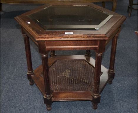 Modern Hexagonal Coffee Table, Bevelled Glass Top WIth Rattan Base Shelf, Raised On Turned Supports, Height 21 Inches