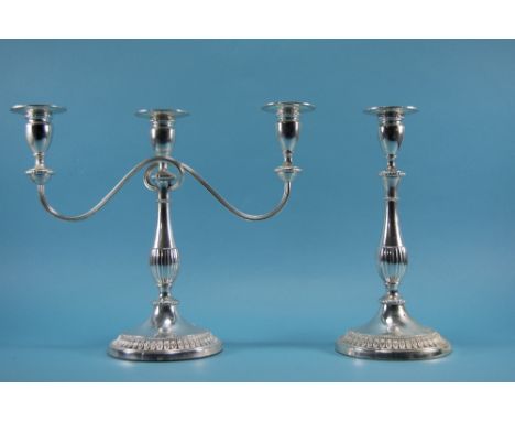 Late 20th Century Silver Plated 3 Branch Candelabra with Matching Single Candlestick. Each 11.5 Inches High. 
