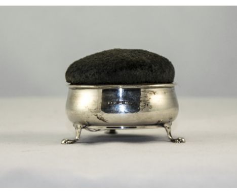 1919 Silver Pin Cushion With Hinged Lid, Cauldron Shaped, Raised On 3 Claw Feet, Hinged Padded Top Opens To Reveal Silk Lined