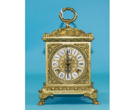 A Mid 20thC Brass Carriage Mantel Clock, 8 day fusee driven, striking on two bells on the half and full hour. Stands 9.5 inch