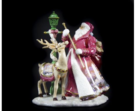 Thomas Kinkade Porcelain Spirit of Christmas Santa and Reindeer Illuminated Sculpture The Street Light illuminates. Stands 9 