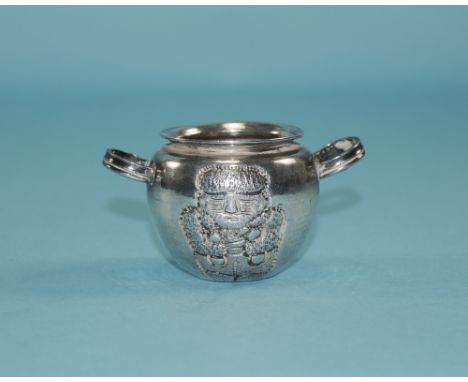 Peruvian .900 Silver Inca Urn Inca Design To Both Sides On Planished Silver With Two Ringed Handles. Marked with maker's hall