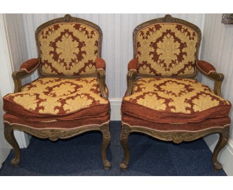 2 Italian Style Open Armchairs Padded Back, Armrests And Cushion Seat, Carved Frame And Cabriole Legs