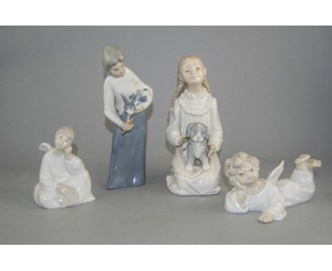 A Small Collection of Nao By Lladro and Lladro Style Figures. ( 4 ) In Total. Various Subjects and Sizes. Tallest Figure 8 In