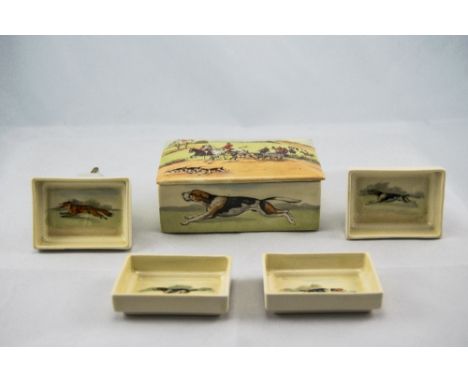 Royal Doulton Lidded Trinket Box with Four Matching Small Dishes. Decorated with Images of Hunting Dogs. c.1920's. Lidded Box
