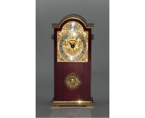 Tempus Fugit Swiss Made Quality Wind Up Table Clock, In Gilt Brass and Polished Mahogany with Alarm. Features Silver Chapter 