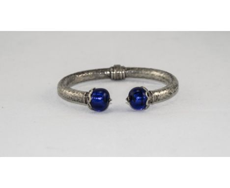 Silver Spring Loaded Bangle, High Grade Silver Bangle, With Spring Loaded Hinge Of Textured Planished Form With 2 Blue Bauble