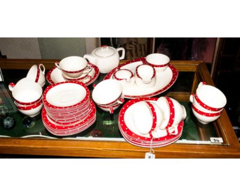 44 Piece Midwinter Red Domino Pattern Dinner Service, stylecraft shape 1950's designed by Jessie Tait comprising. 6 dinner pl