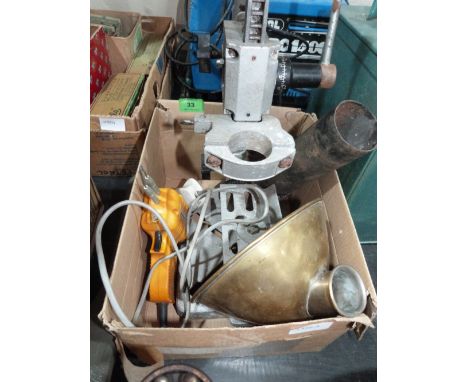 A racing fuel pipe and cap; a drill stand; a soldering iron and an acetylene lamp reflector marked 'WW'
