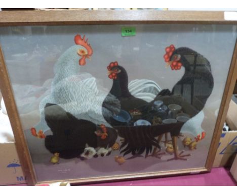 A print after I.Taya of black and grey hens, chicks and cats. 22'x26'