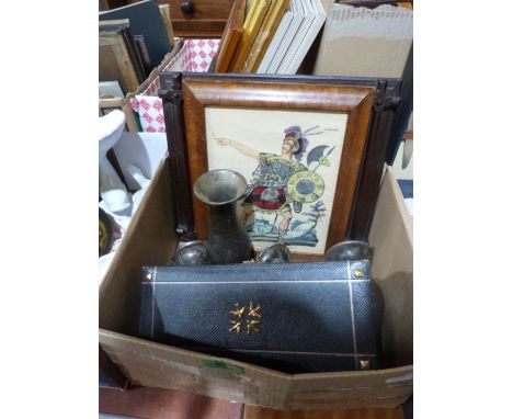 A box of sundries, tinsel print etc.