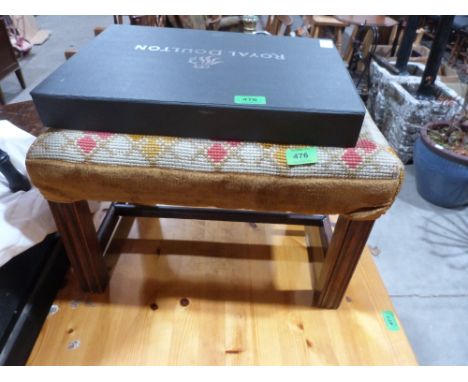 A mahogany and tapestry footstool, together with boxed Royal Doulton place mats