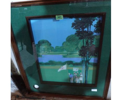 A golfing print, 'At the Pin'. The mount with inset golf ball, 20'' x 16''