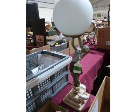 An Art-Deco style lamp modelled as a lady holding aloft a globular shade on stepped marble base. 22' high