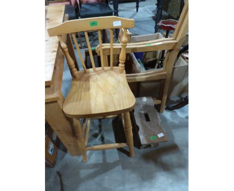 A pine stool, beech chair and bench ends