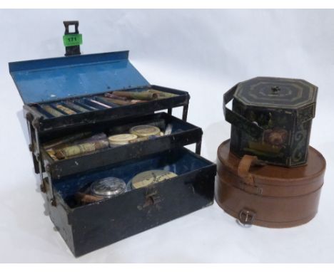 A late 19th/early 20th century stage makeup set in cantilever tin box; a toleware tea caddy (A.F.) and a leather collar box