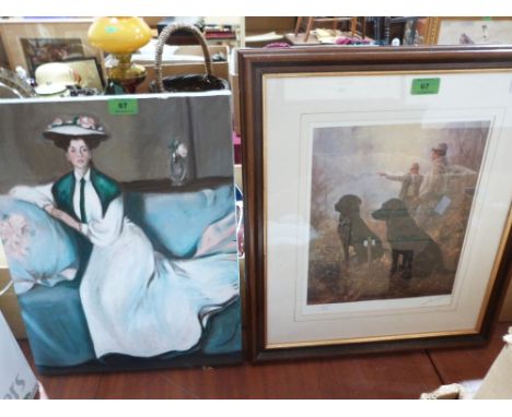 An oil on canvas by Debbie Murphy, lady on a sofa 18'x14' and a fine art limited edition signed print of black labradors. 13'