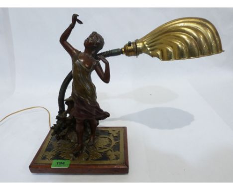A cold painted speltar and brass figural desk lamp