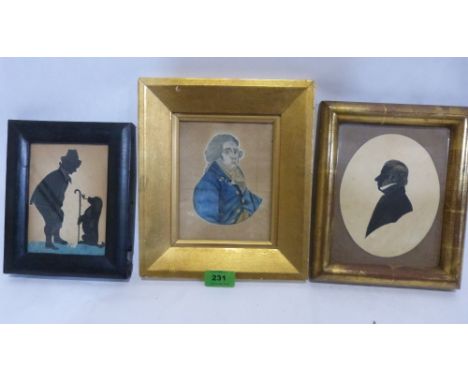 Two 19th century silhouettes and a small watercolour portrait of a gentleman