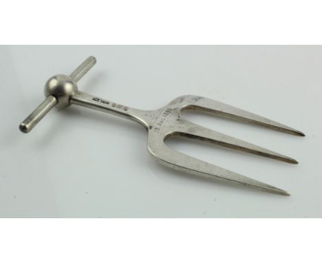 Silver meat serving fork, hallmarked 'JD&amp;S, Sheffield 1894', engraved 'R&amp;C.D., from Lillie, 10 Aug 1896', length 12.5