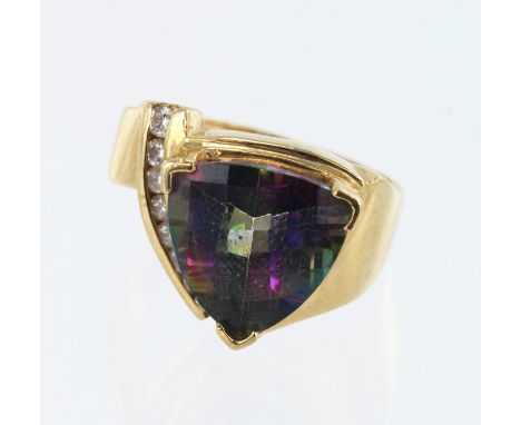 Yellow gold (tests 14ct) diamond and mystic topaz contemporary dress ring, one checker trillion shaped topaz measuring 13.5mm