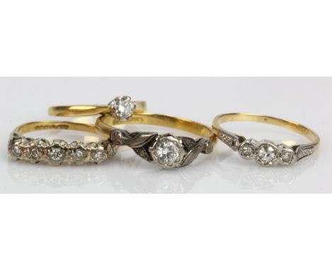 Four 18ct gold/tests 18ct diamond rings, finger sizes I/J, L, M, R, total weight 10.7g.