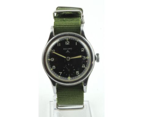 Record British military issue 'Dirty Dozen' wristwatch. The black dial with white Arabic numerals, broad arrow below 12, whit