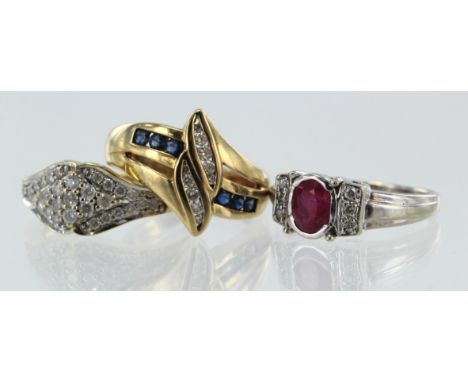 Three 9ct gold dress rings, diamond cluster ring, TDW approx. 0.47ct, finger size Q. Ruby and diamond ring, ruby approx. 7mm 