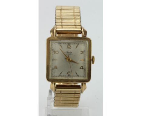 Gents 9ct cased Avia manual wind wristwatch,  hallmarked Edinburgh 1952. Case size 28mm x 28mm. On an expandable strap, watch