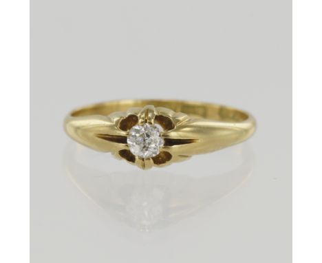 18ct yellow gold Victorian diamond solitaire ring, one old cut approx. 0.18ct, scalloped claw set, hallmarked Birmingham 1896