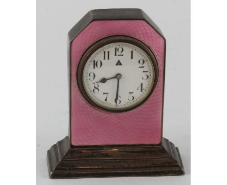Small silver &amp; pink enamel desk clock, hallmarked 'I.M.H., Birmingham 1920', height 90mm approx. (working at time of cata