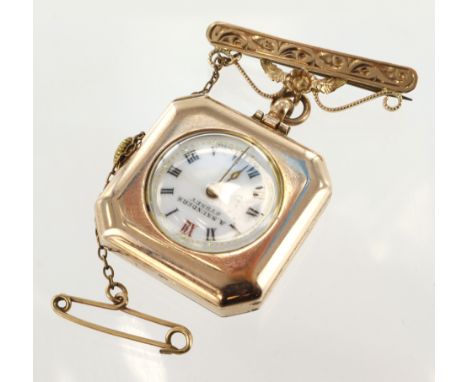 9ct cased manual wind fob watch by A Saunders, London import mark, 1915. The white enamel dial with Roman numerals, on a 9ct 