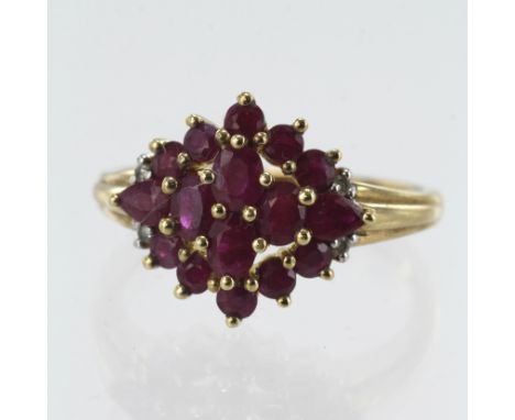 9ct yellow gold diamond and ruby cluster ring, sixteen rubies and four diamonds, TDW approx. 0.02ct head measurers 14.5mm x 1