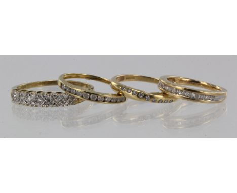 Four 9ct yellow gold diamond half eternity rings, finger sizes J/K, O/P, P, X, total weight 8.2g.