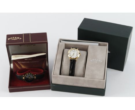 Rotary, two modern gold tone ladies quartz wristwatches. Both on leather Rotary straps and complete with box and internationa