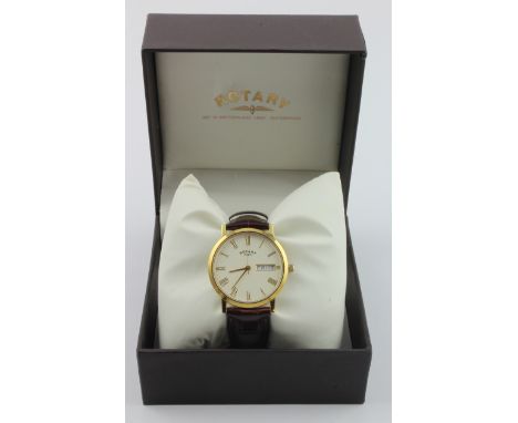Rotary Windsor gold tone gents quartz wristwatch. The cream dial with Roman numerals, centre seconds and day-date aperture at
