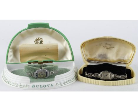 Two ladies Art Deco manual wind wristwatches, one Bulova, the other Regent. Both silvered dials with Arabic numerals. The Bul