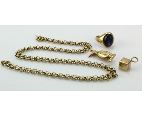 Assortment of yellow gold (tests 9ct) jewellery, one synethtic sapphire ring, finger size N/O, belcher chain length 28", peng