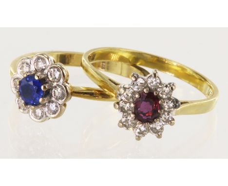 Two 18ct rings, ruby and diamond cluster ring, ruby measures 4mm x 3mm, TDW approx 0.25ct, finger size M/N. Sapphire and diam