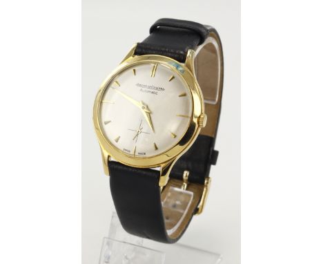 Gents 18ct cased Jager-LeCoultre automatic wristwatch, hallmarked London 1958. The silvered dial with gilt baton markers at q