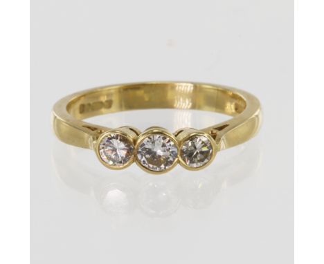 18ct yellow gold diamond trilogy ring, set with three graduating diamonds, TDW approx 0.44ct, estimated colour approx K-L, es