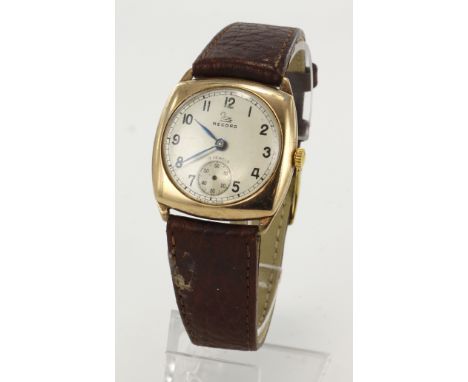 Gents 9ct cased Record manual wind wristwatch. The silvered dial with Arabic numerals, black outer minute track and subsidary