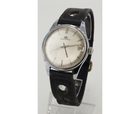 Gents stainless steel cased Bucherer manual wind wristwatch. The silver dial with baton markers, date aperture at 3 o'clock a