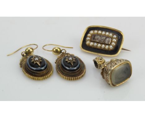 Assortment of yellow metal jewellery, one pair of Victorian banded agate and pearl star motif drop earrings, one black enamel